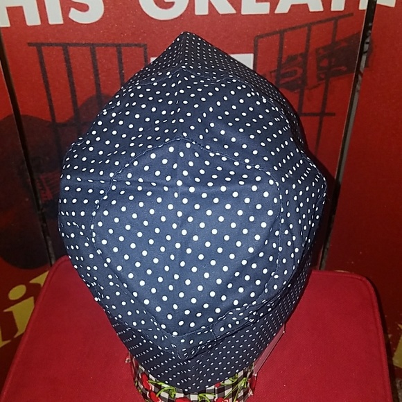 Tatyana Dotty Retro 50's Blue White Polka Dot Beach Bonnet Garden Hat w Buttons - Picture 6 of 8